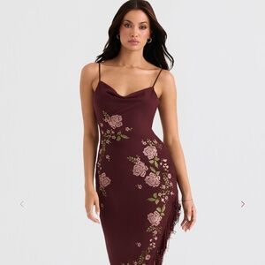 Elegant Floral Midi Dress in Burgundy
